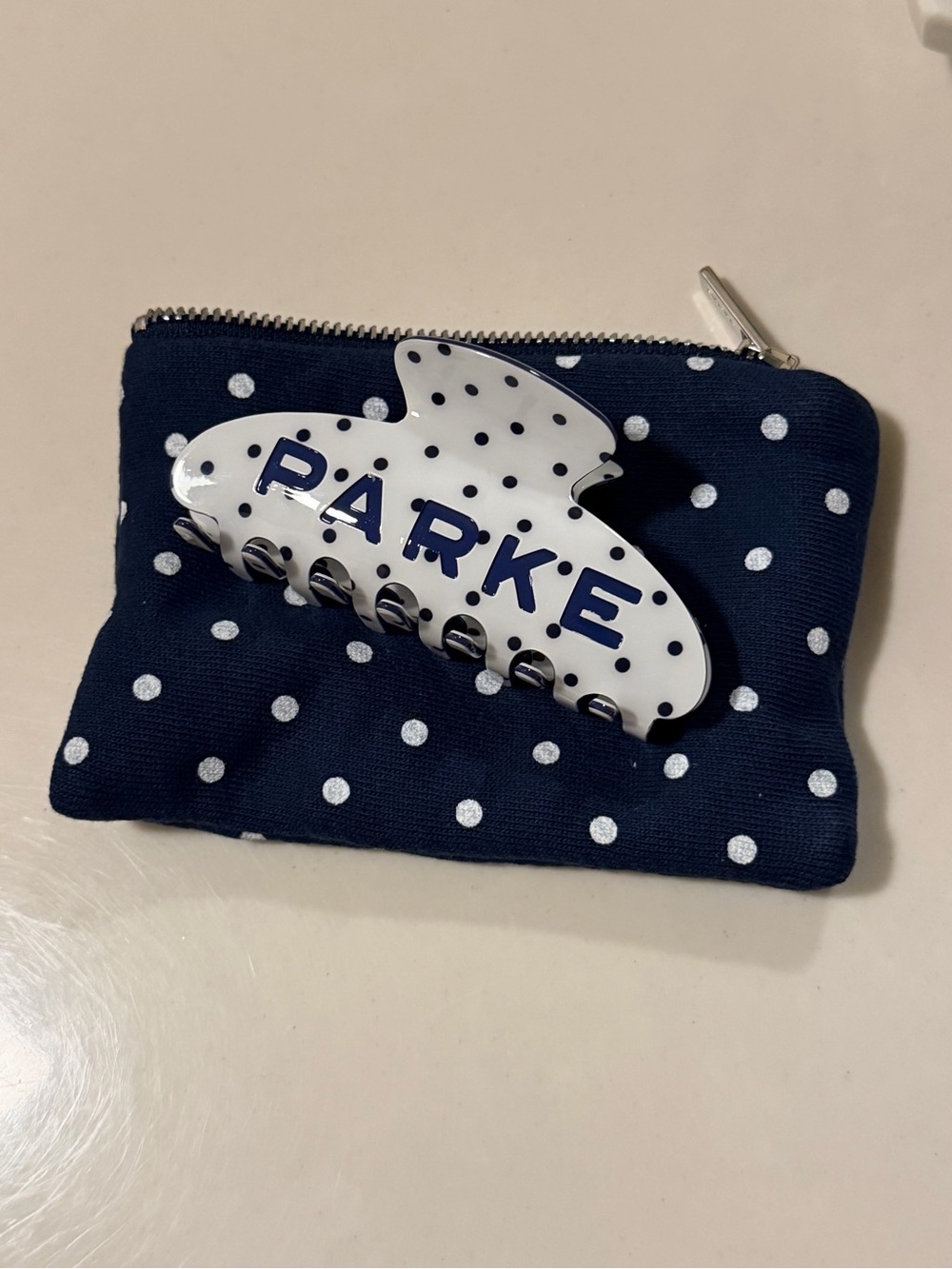 Parke White Hair Claw Clip with Blue Polka Dot Logo - Picture 2 of 2